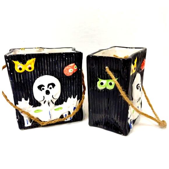 Pair Ceramic Halloween Bags Rope Handle Happy Ghost Bats Jay Imports VTG - Picture 2 of 9